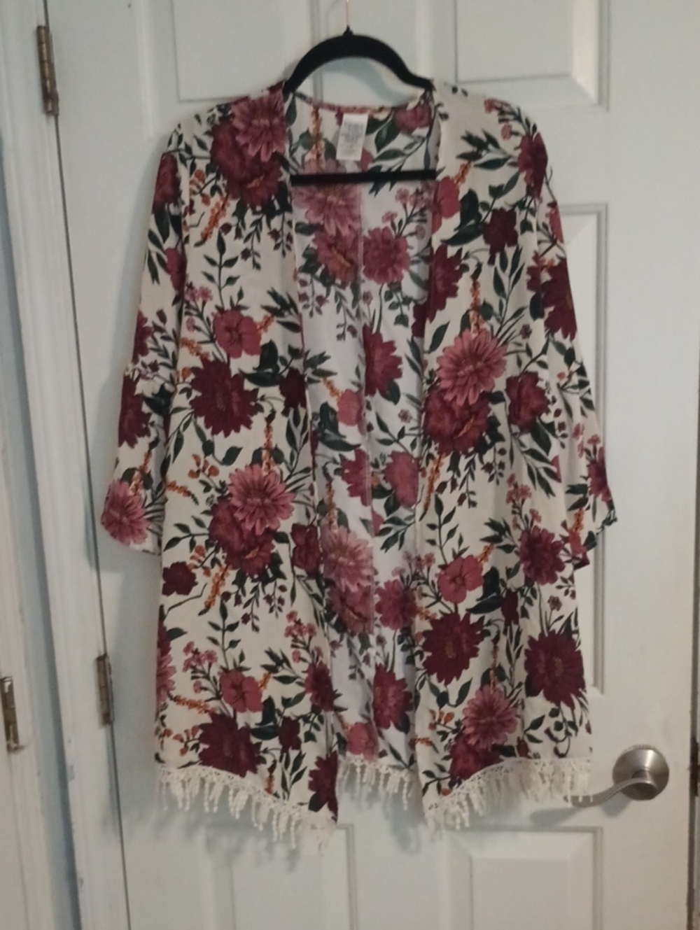 Time and Tru Floral Open-Front Kimono in Cream, Burgundy & Green